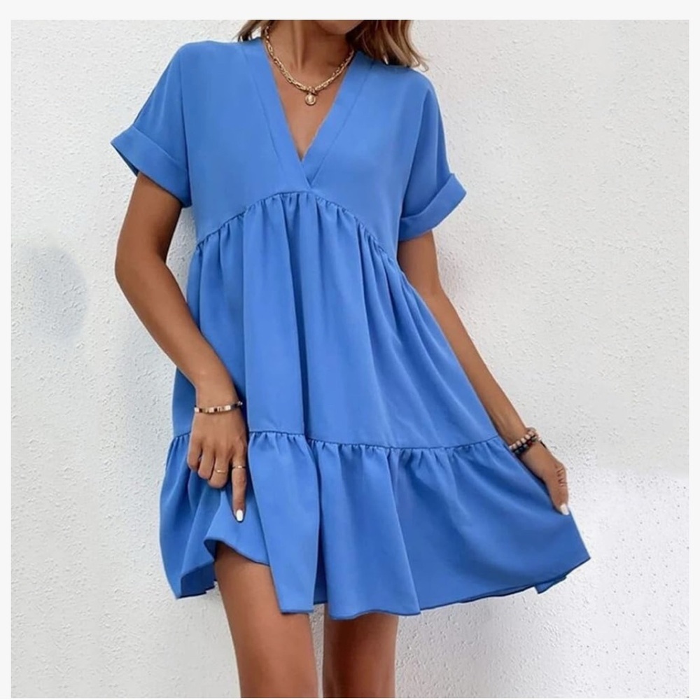 Blue Babydoll Mini Dress Tiered V Neck Style